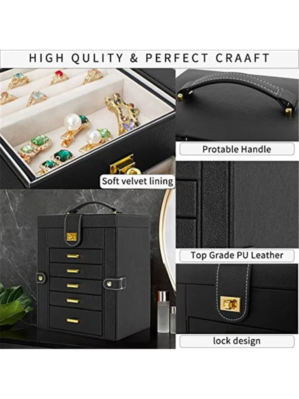 6 Tier Jewelry Box Organizer Leather Storage Case Drawers Mirror Rings Earrings